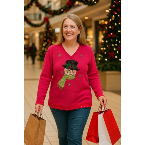 Quacker Factory Sweater M Hot Pink Sequin Snowman Whimsical Holiday Christmas - Picture 1 of 7